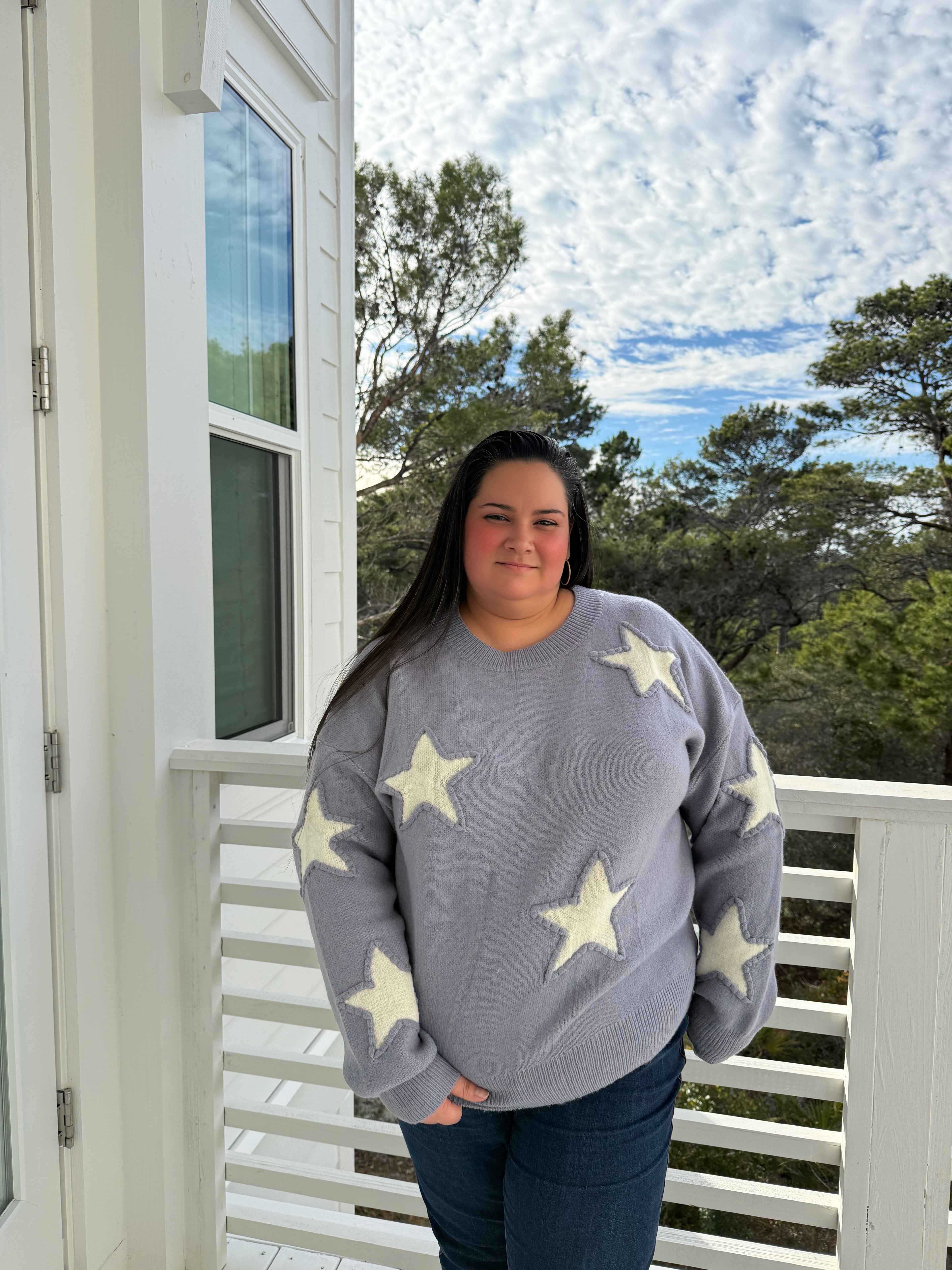 Crew Neck Sweater with Bold Star Print by Sew In Love (Ships 2-3 weeks) - BFF Here