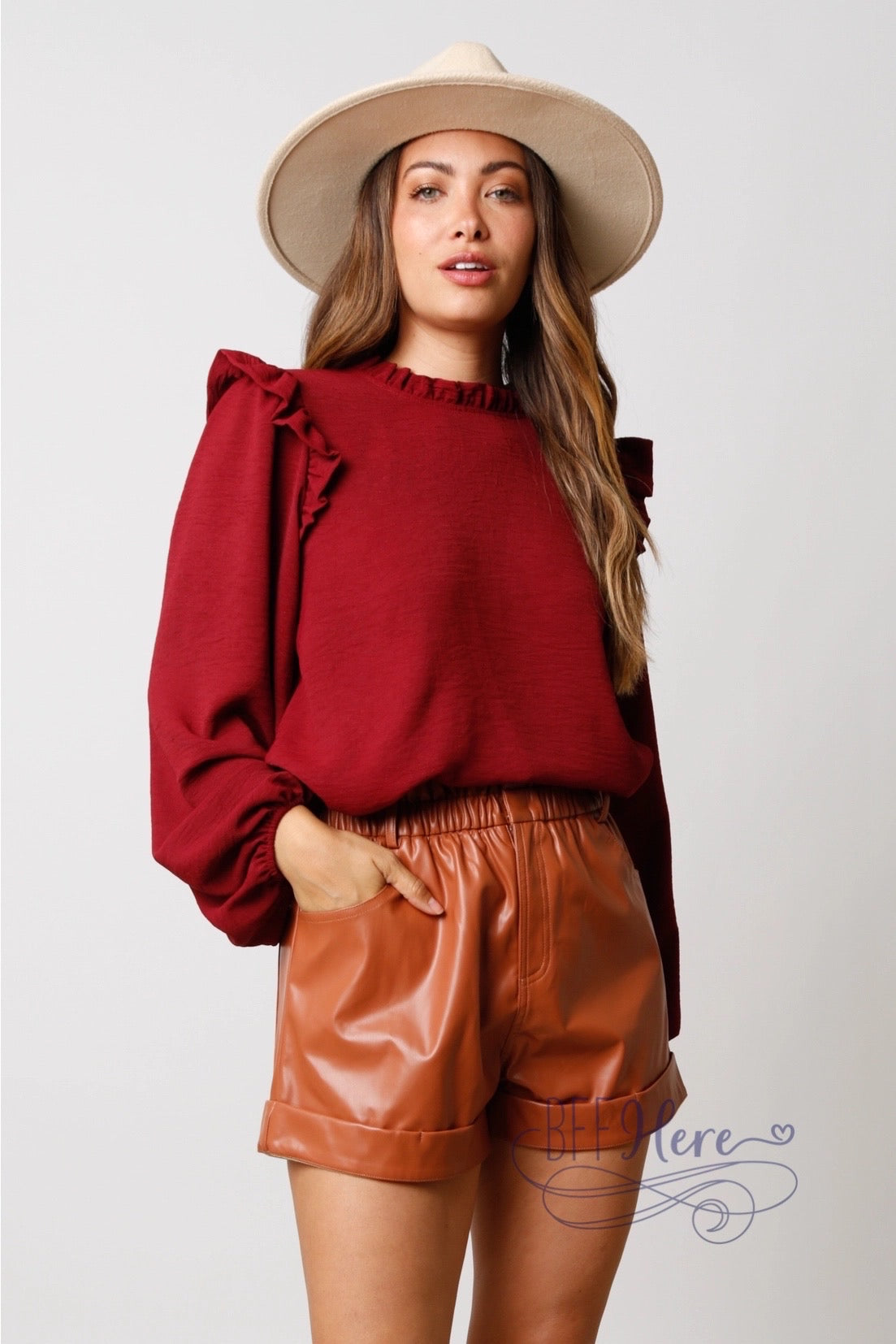 Elegant Woven Mock Neck Blouse with Ruffled Details: A Chic Statement Piece - BFF Here