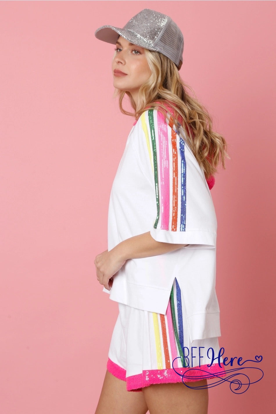 Prismatic Play: Rainbow Sequin Stripe Sweatshirt - BFF Here