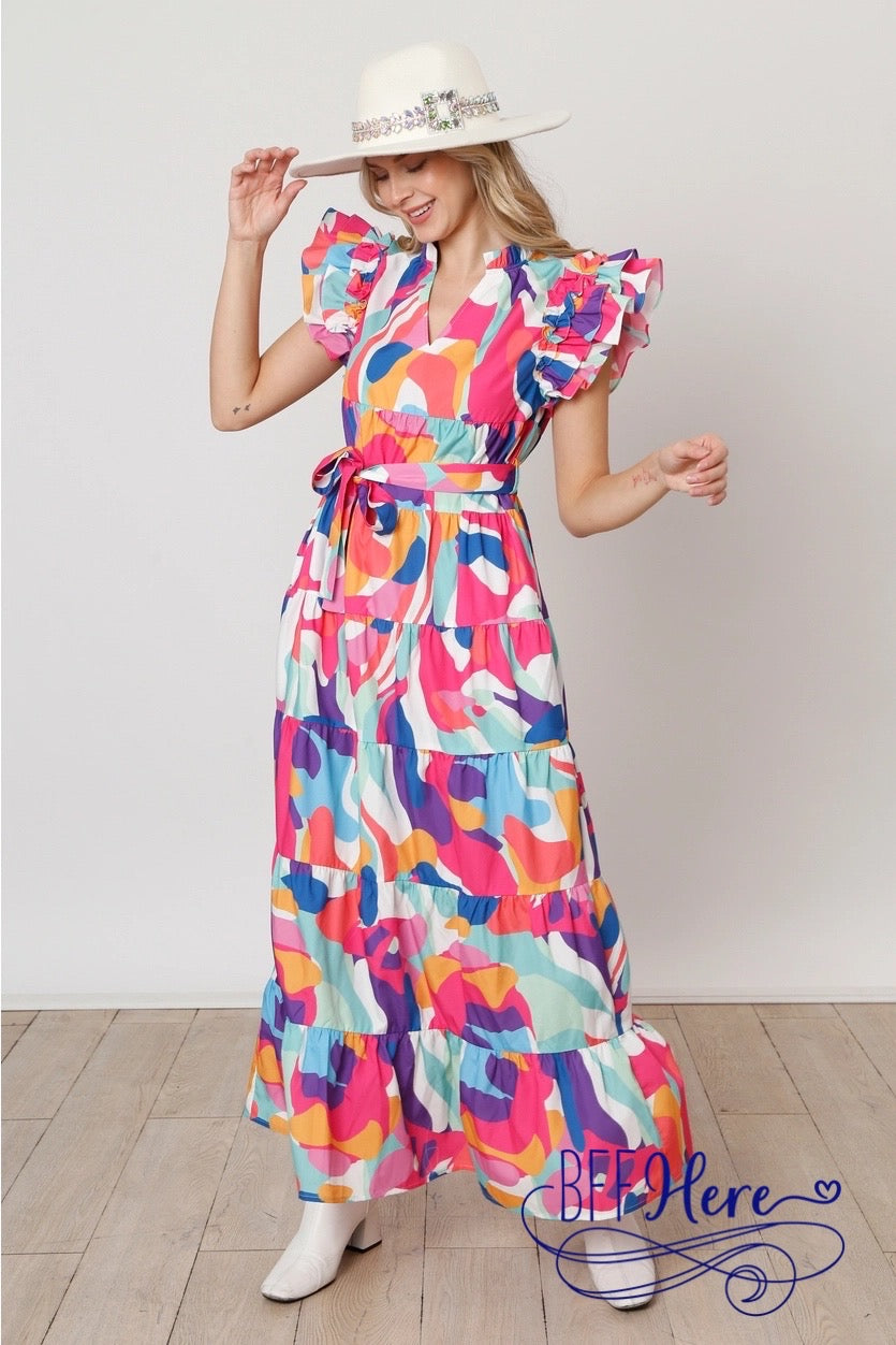 Abstract Artistic Flair: Ruffled Maxi Dress - BFF Here