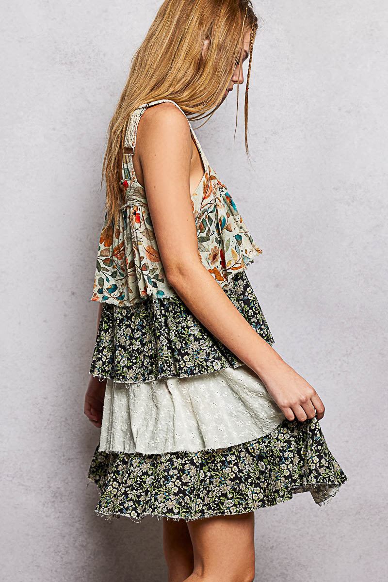 Boho Eyelet Patch Ruffle Floral Print Mini Dress by POL (Ships 2-3 weeks) - BFF Here