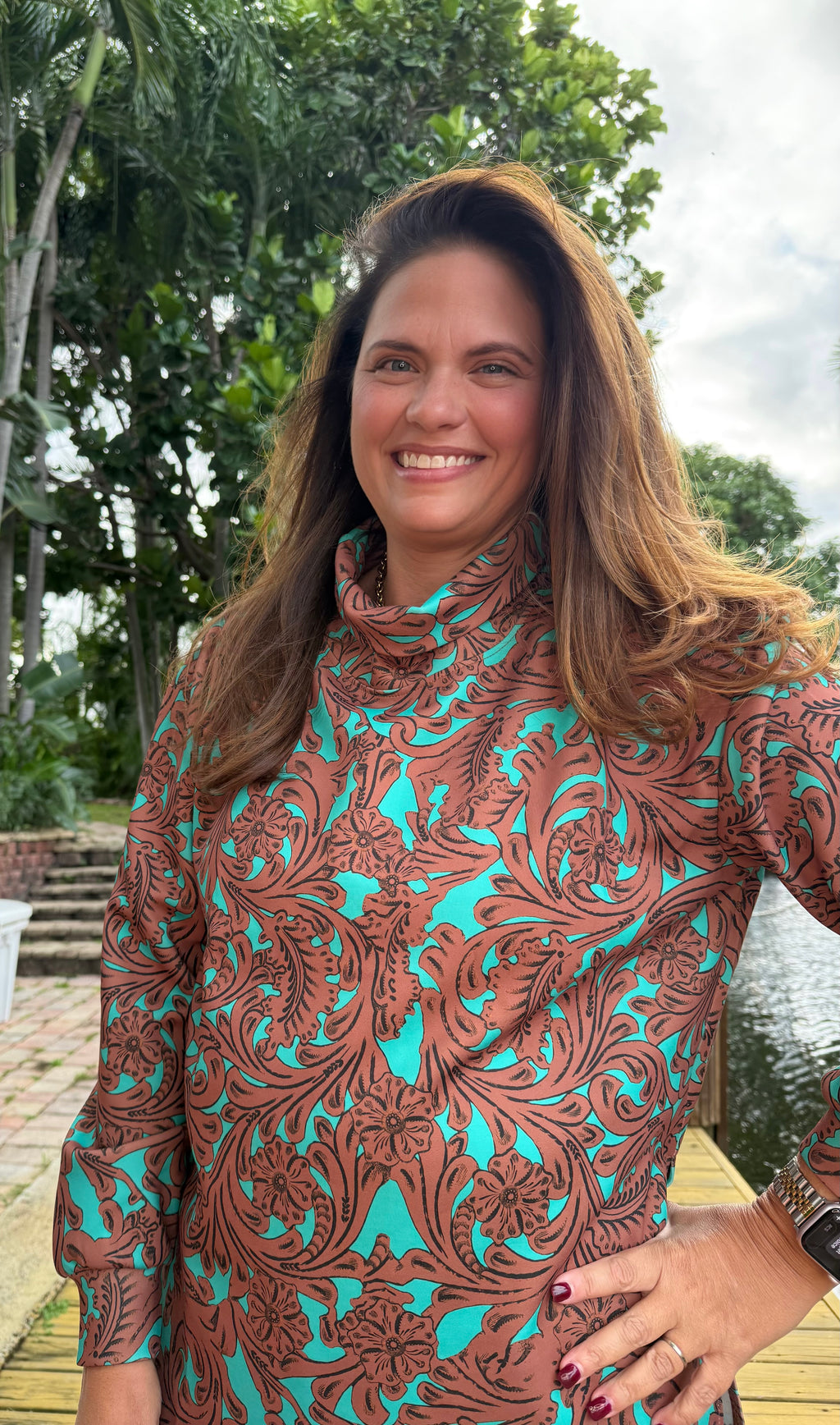 Turquoise Tooled Mock Neck Top by Sterling Kreek - BFF Here