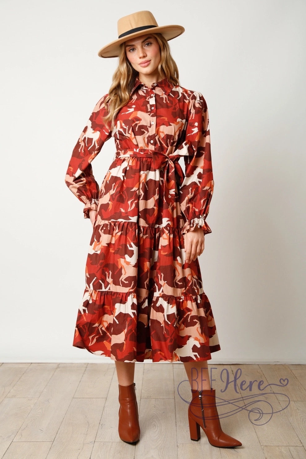 Equestrian Elegance: Horse Print Poplin Maxi Dress - BFF Here