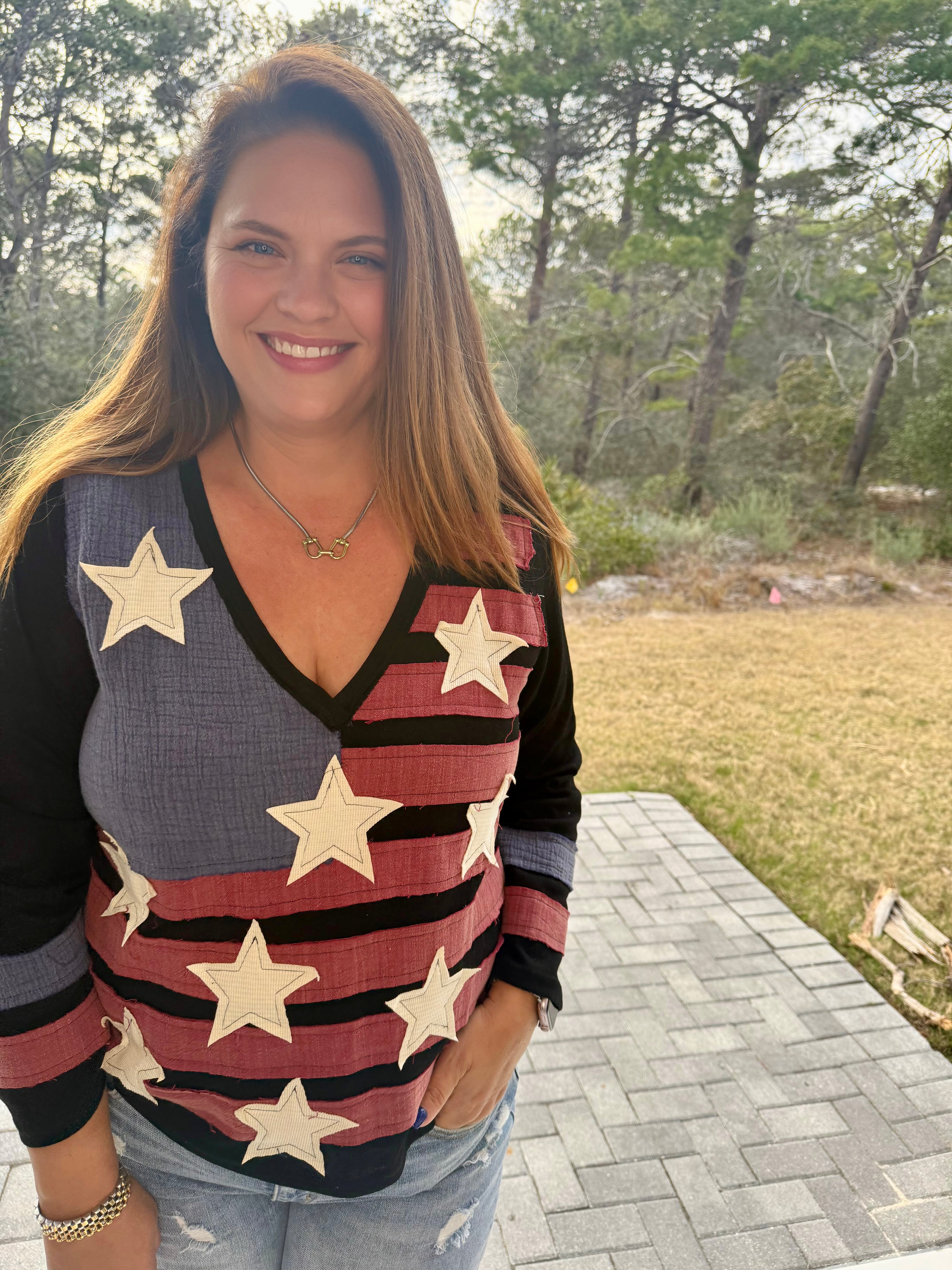 Vintage Washing V-Neck American Flag Patch Long Sleeve Top by POL (Ship time varies) - BFF Here