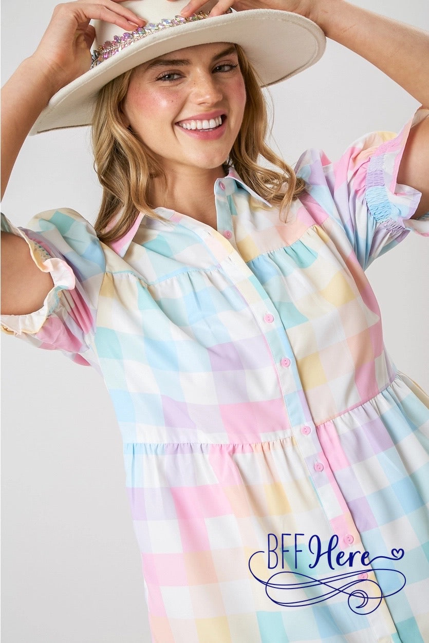 PREORDER: Pastel Perfection: Chic Checker Poplin Shirt Dress (Ships Middle of March) - BFF Here