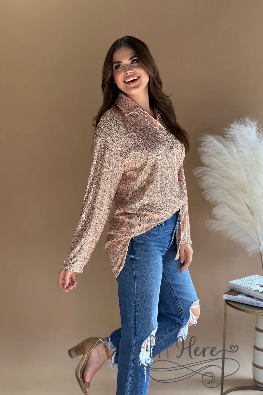 Attention Seeker Sequin Button Up Top — Rose Gold - BFF Here