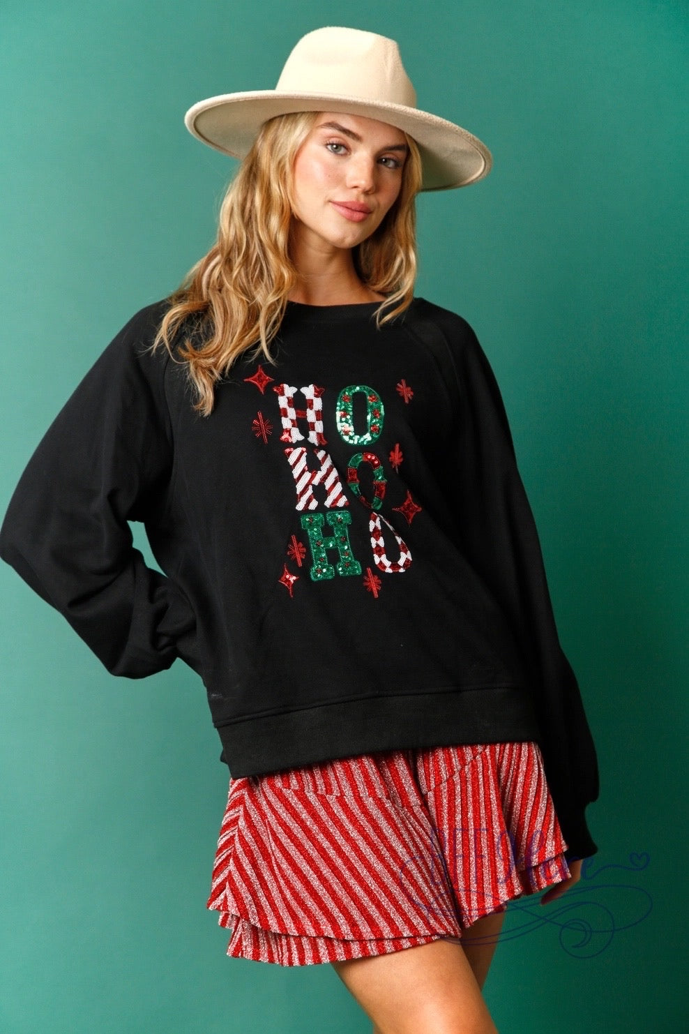 Jolly & Dazzling: Sequin 'Ho Ho Ho' Christmas Sweatshirt / Choice of Color - BFF Here
