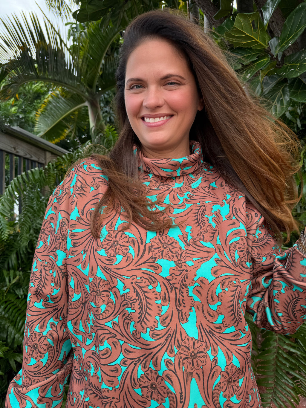 Turquoise Tooled Mock Neck Top by Sterling Kreek - BFF Here