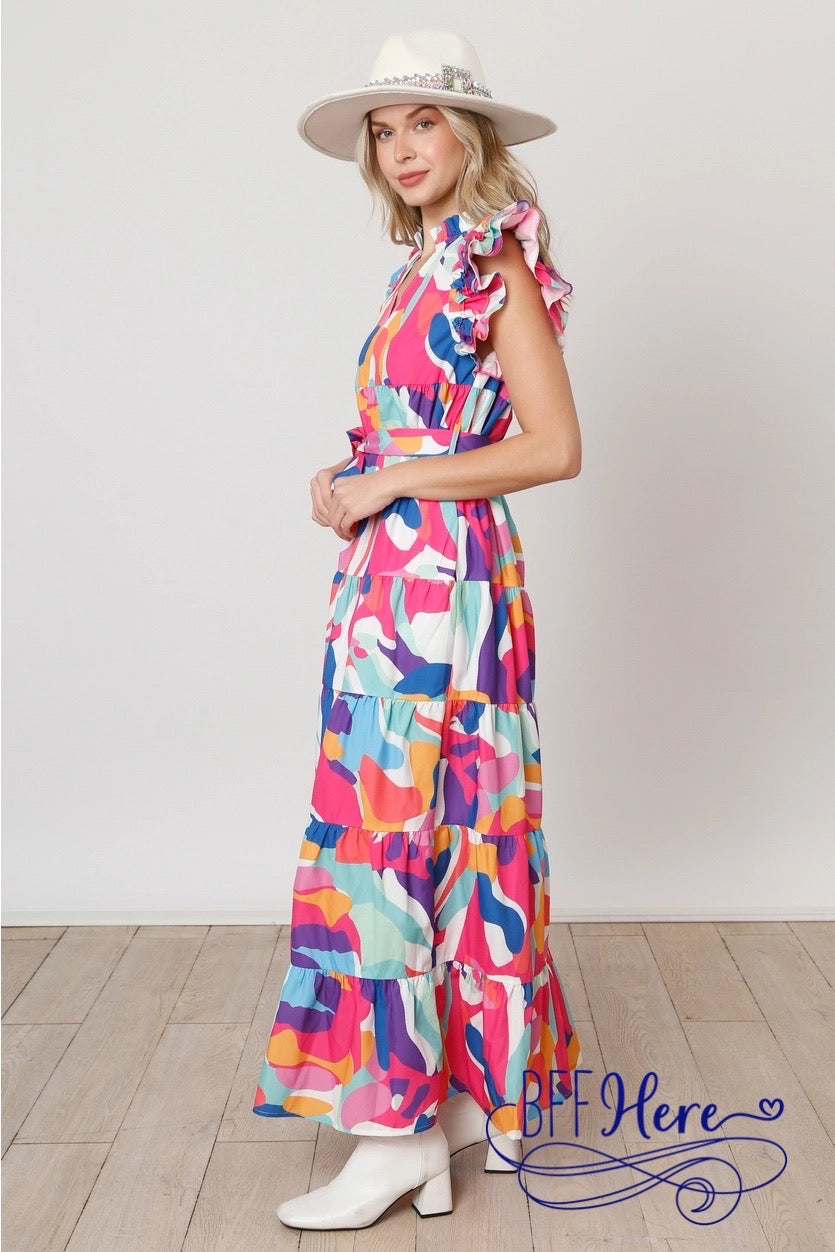 Abstract Artistic Flair: Ruffled Maxi Dress - BFF Here