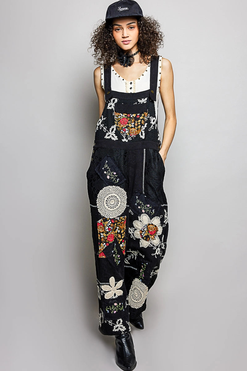Floral Patch Stitch Detail Wide Leg Woven Overalls by POL (Ships 2-3 weeks) - BFF Here