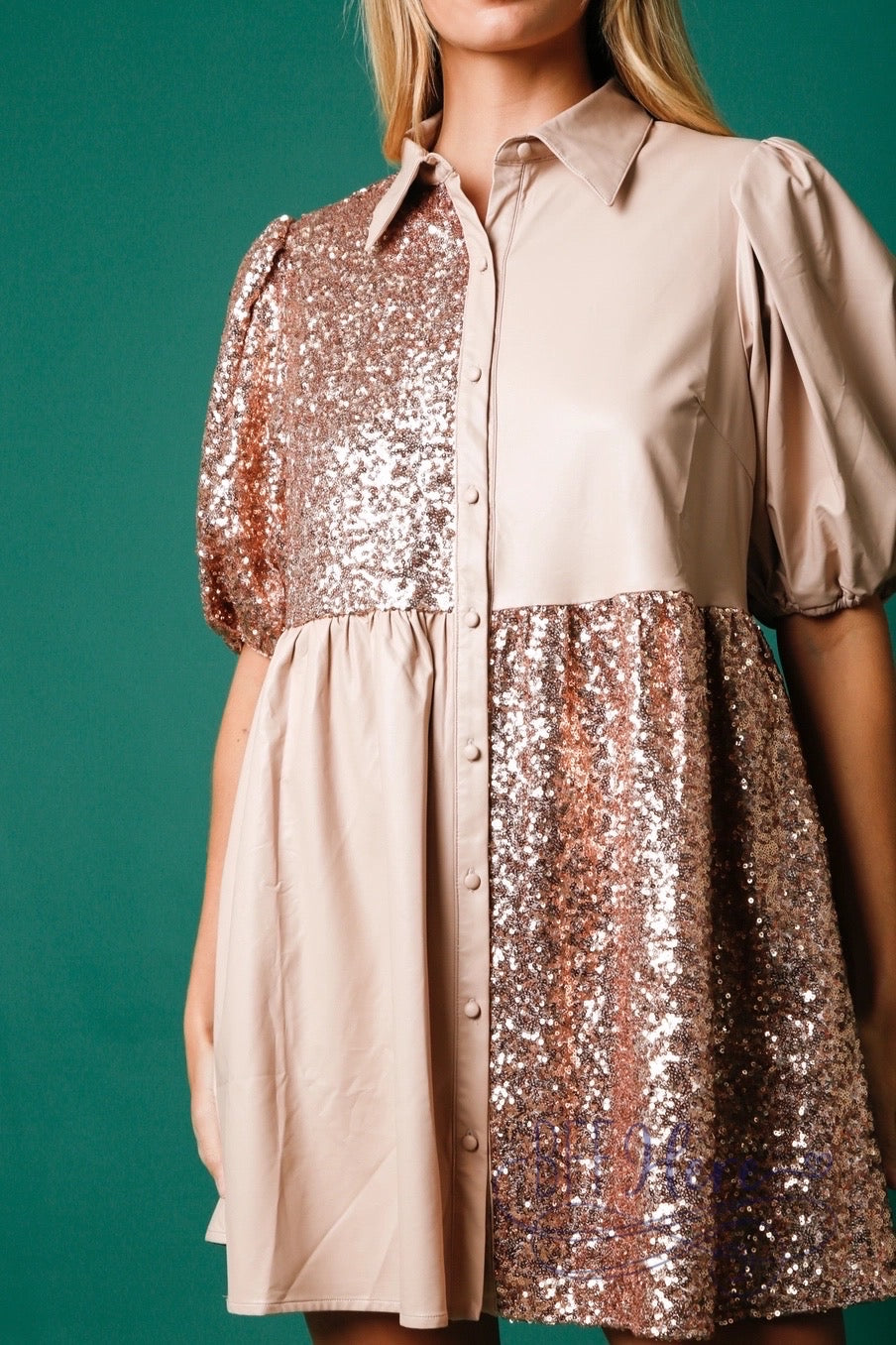 Dazzling Diva: Sequined Top & Faux Leather Babydoll Dress - BFF Here