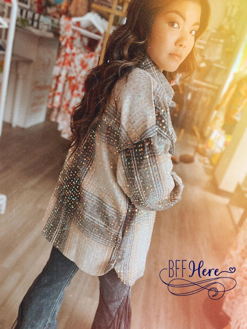 Sparkling Mocha Dream: Sequin-Infused Plaid Shacket Spectacle - BFF Here