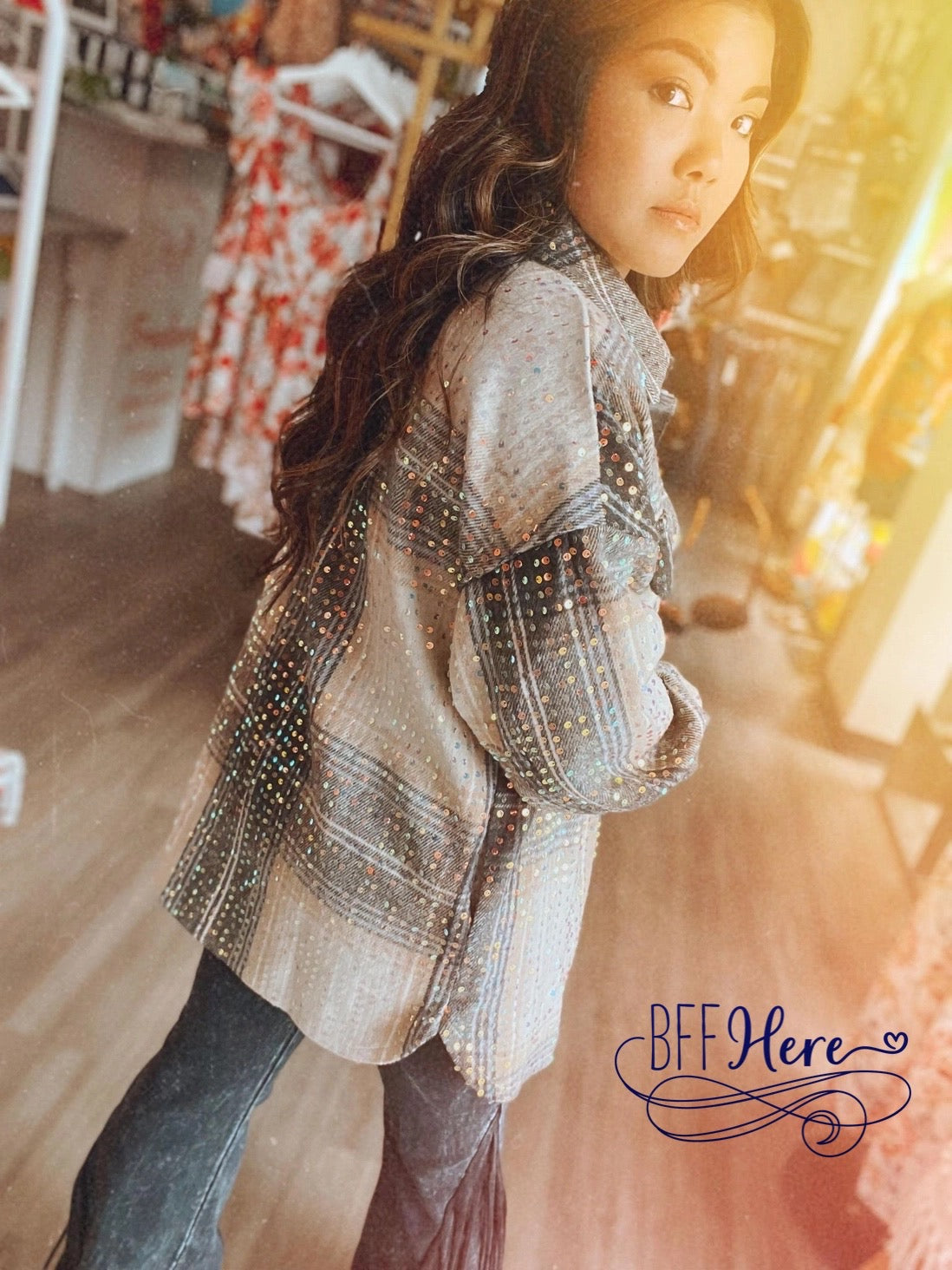Sparkling Mocha Dream: Sequin-Infused Plaid Shacket Spectacle - BFF Here