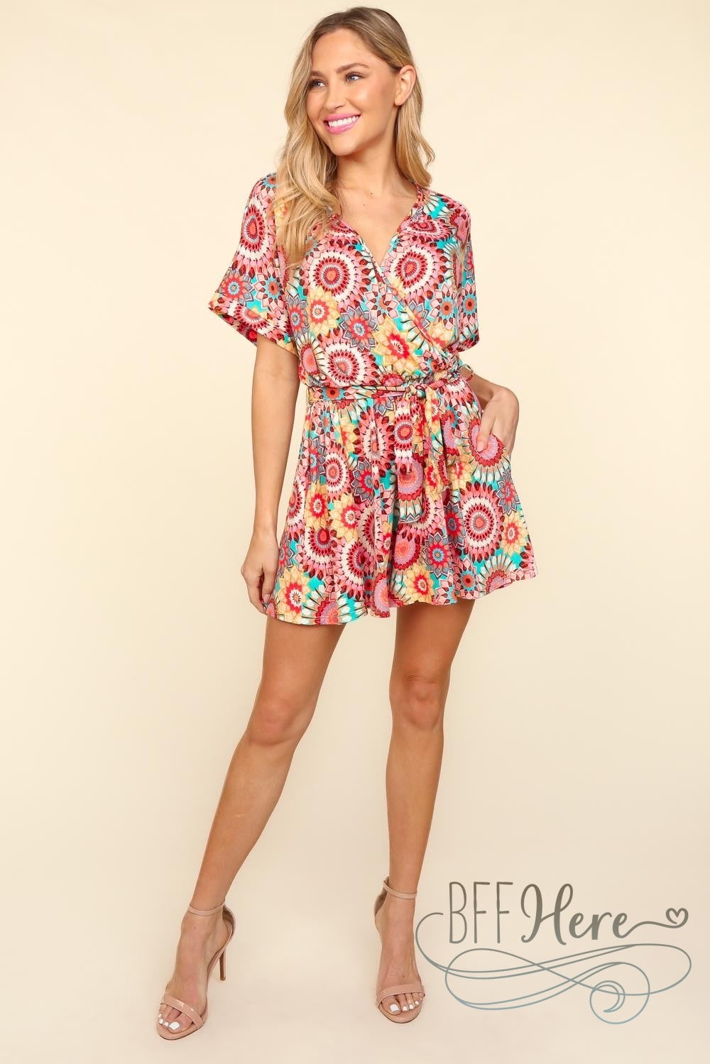 PREORDER: Sunset Mosaic: Vibrant Print Wrap Romper (Ships End of May) - BFF Here