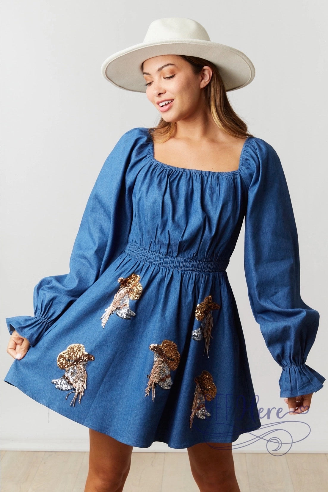 Cowgirl Couture: Denim Puff Sleeve Dress Featuring Boot and Hat Accents - BFF Here