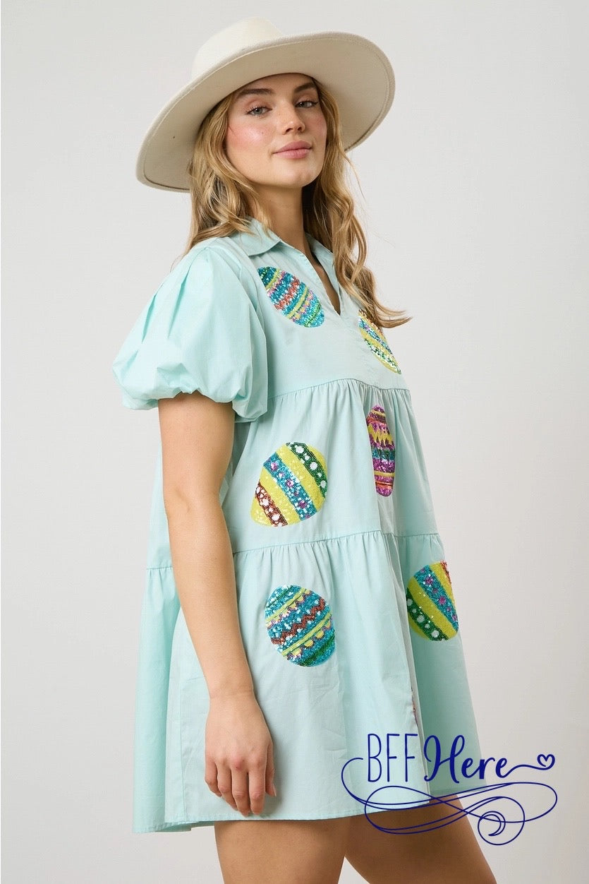 PREORDER: Glittering Egg Hunt: Sequin Easter Poplin Shirt Dress (Ships End of February) - BFF Here