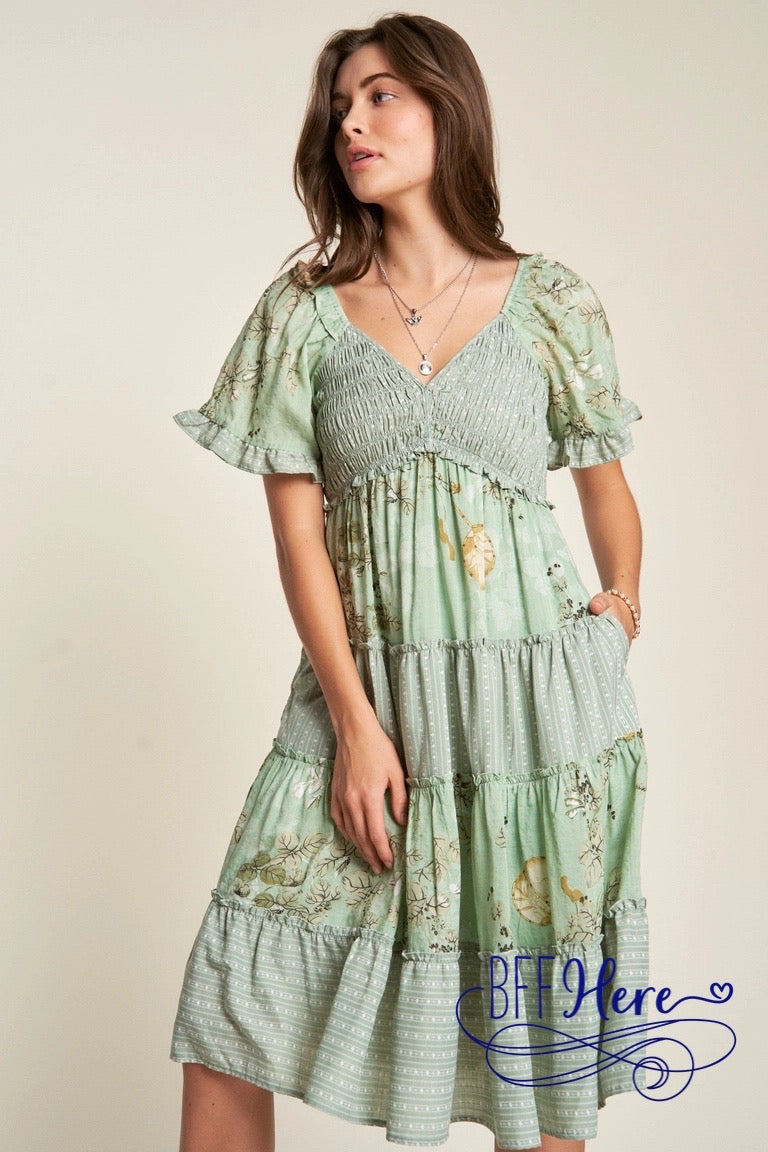 PREORDER: Botanical Bliss: Striped & Floral Smocked Ruffle-Tiered Dress (Ships Middle of February) - BFF Here