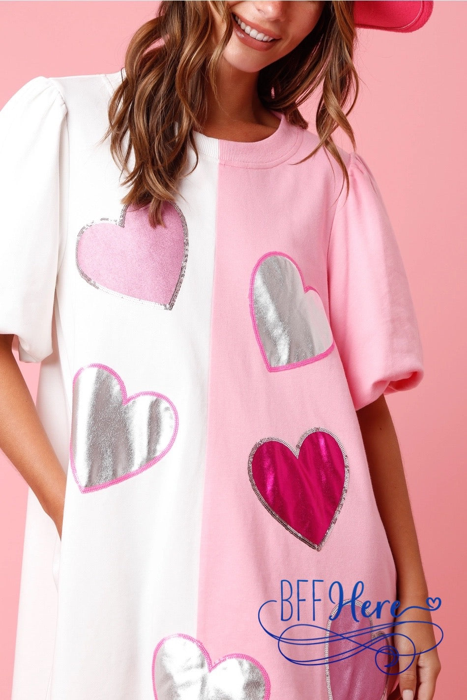 PREORDER: Heartfelt Shine: Foil Hearts Color Block Dress (Ships Middle of January) - BFF Here