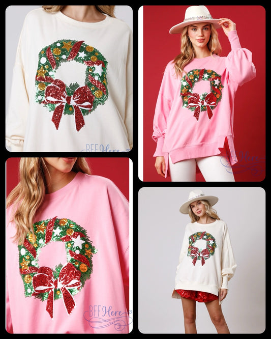 Festive Sparkle Sequin Christmas Wreath Sweatshirt / Choice of Color (Pink Ships Beginning of November) - BFF Here