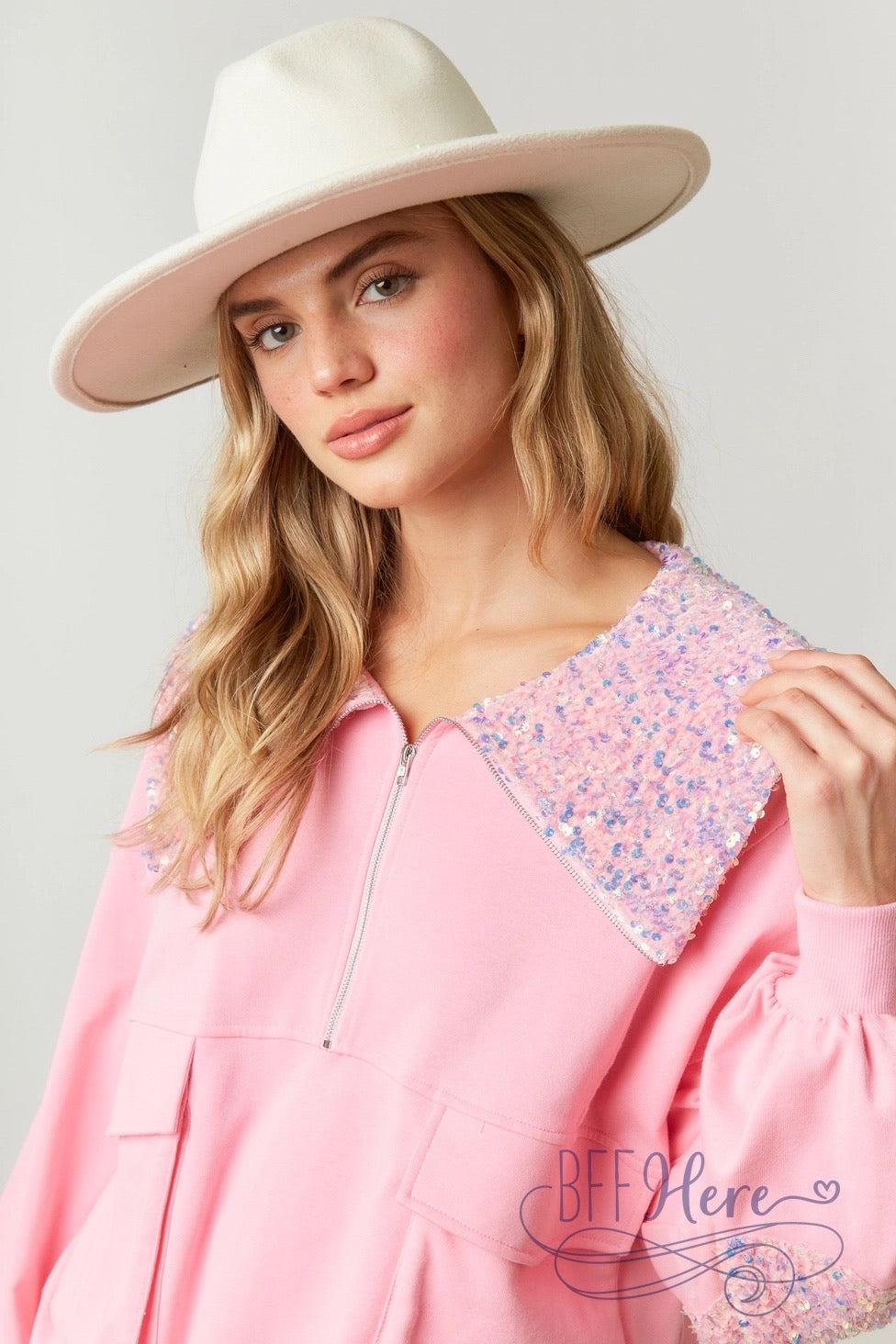 Elegant Fusion: French Terry & Sequin Half-Zip - BFF Here