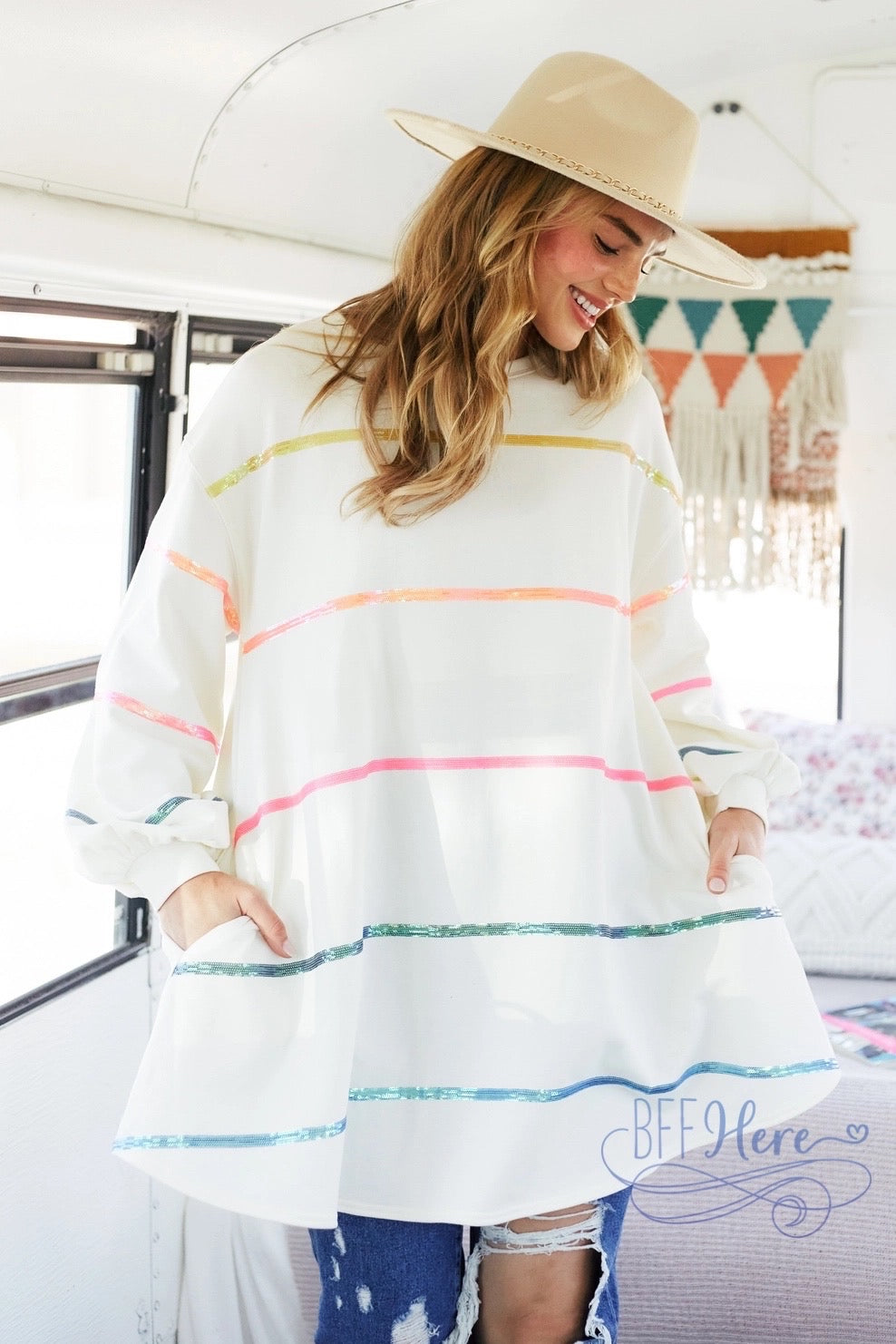 Colorful Allure: Rainbow Sequin Stripe Top for Vibrant Style - BFF Here