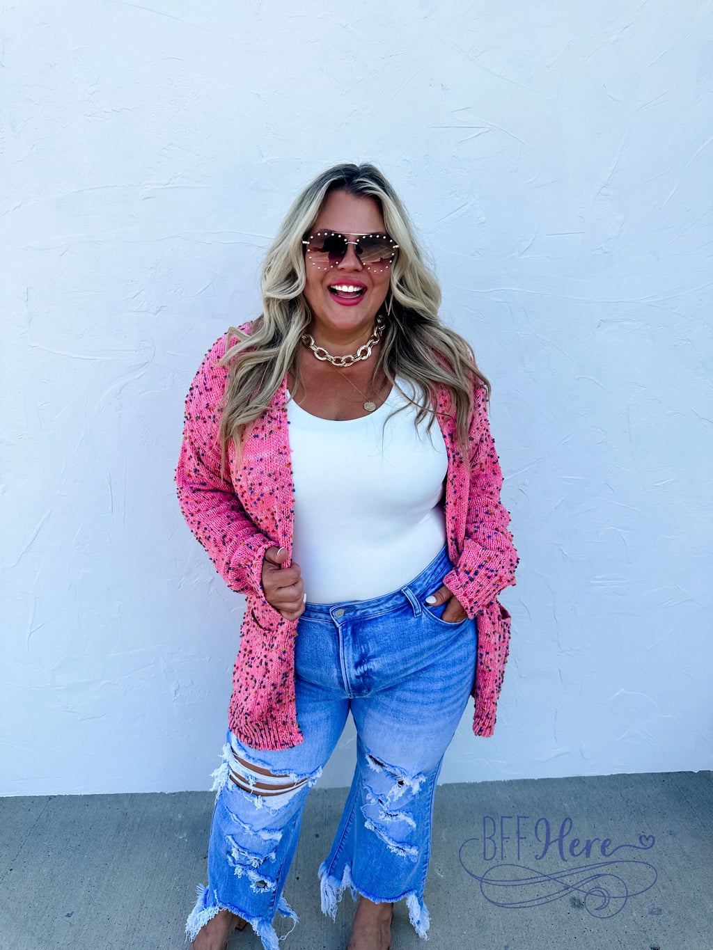 Cozy Meets Chic: The Chunky Dot Knit Cardigan - Bubble Gum - BFF Here