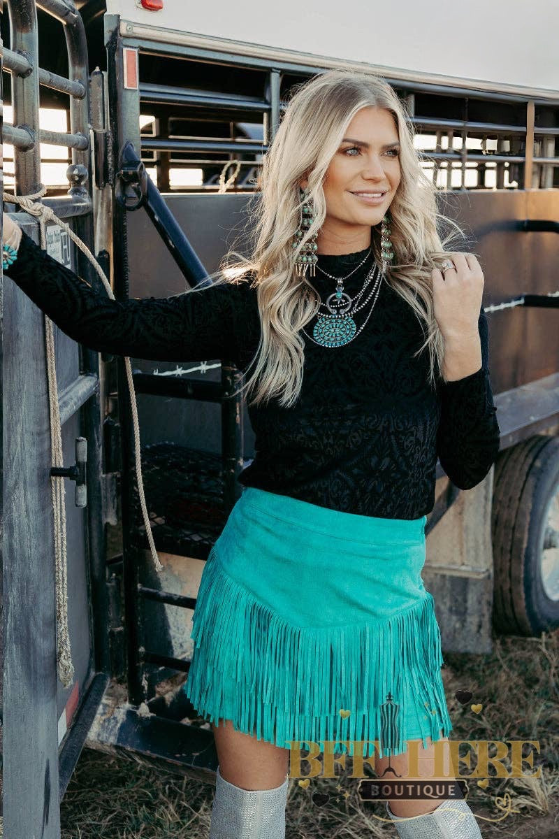 Fort Worth Fringe Skirt by Sterling Kreek / Turquoise - BFF Here