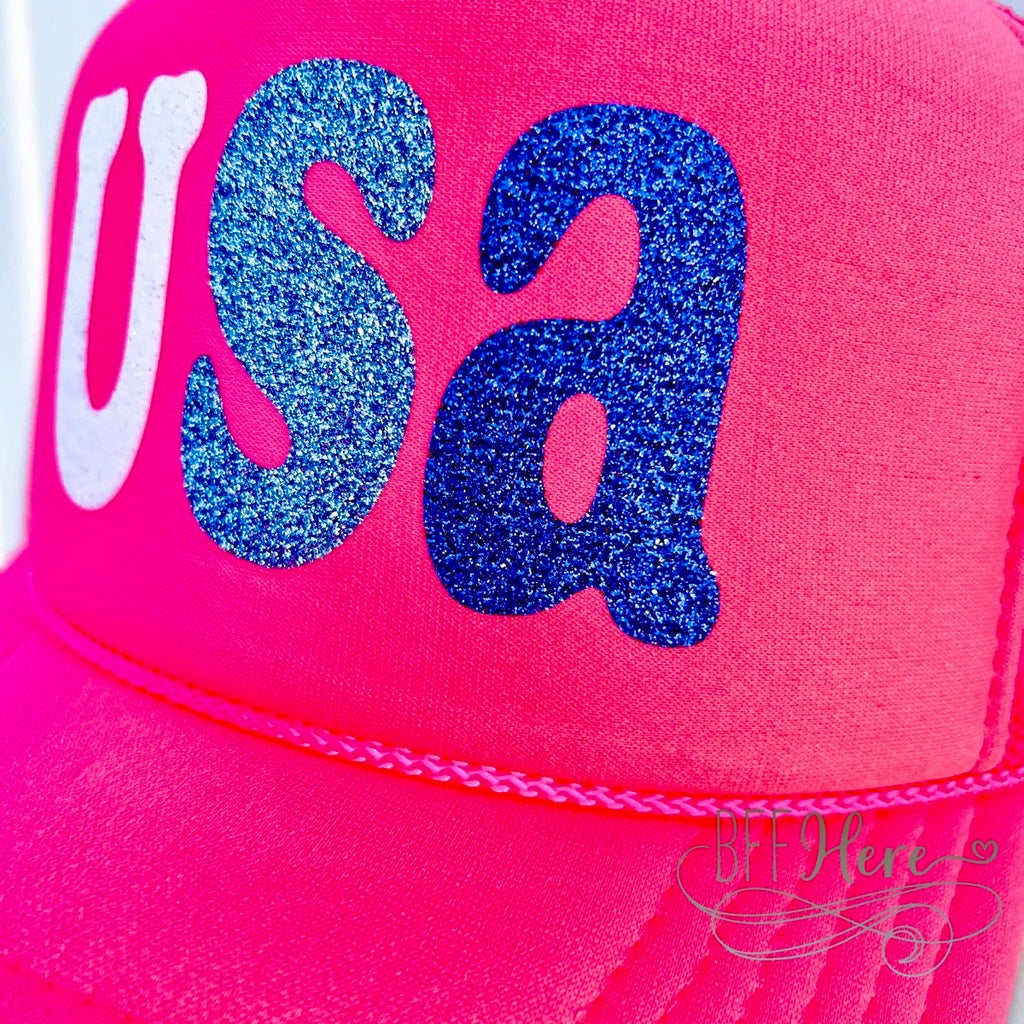 Glowing Glam - Neon Pink USA Trucker Hat! - BFF Here