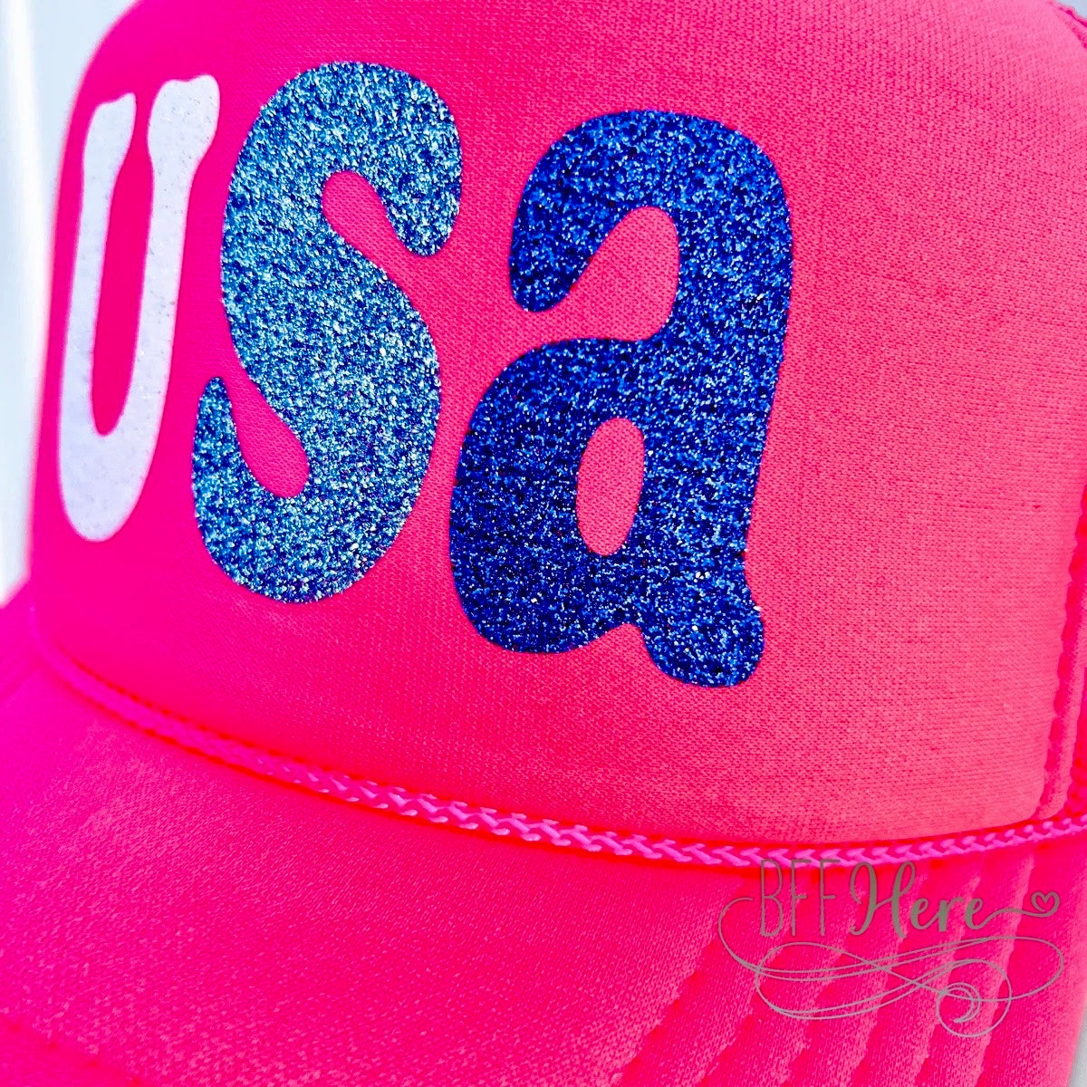 Glowing Glam - Neon Pink USA Trucker Hat! - BFF Here