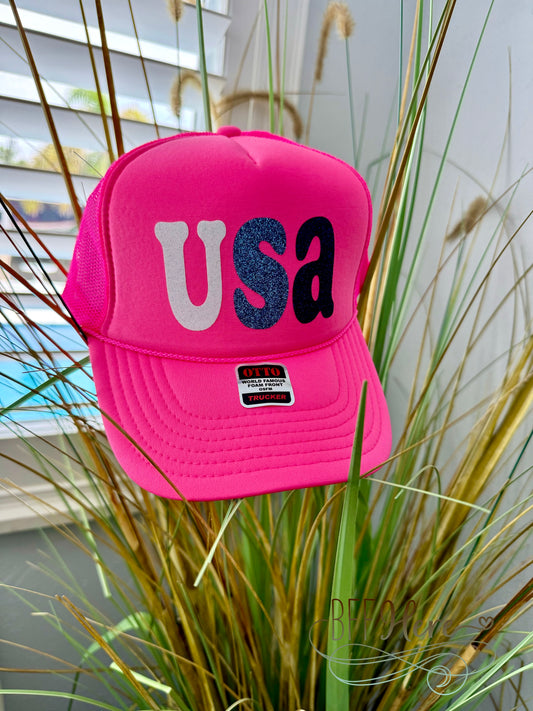 Glowing Glam - Neon Pink USA Trucker Hat! - BFF Here