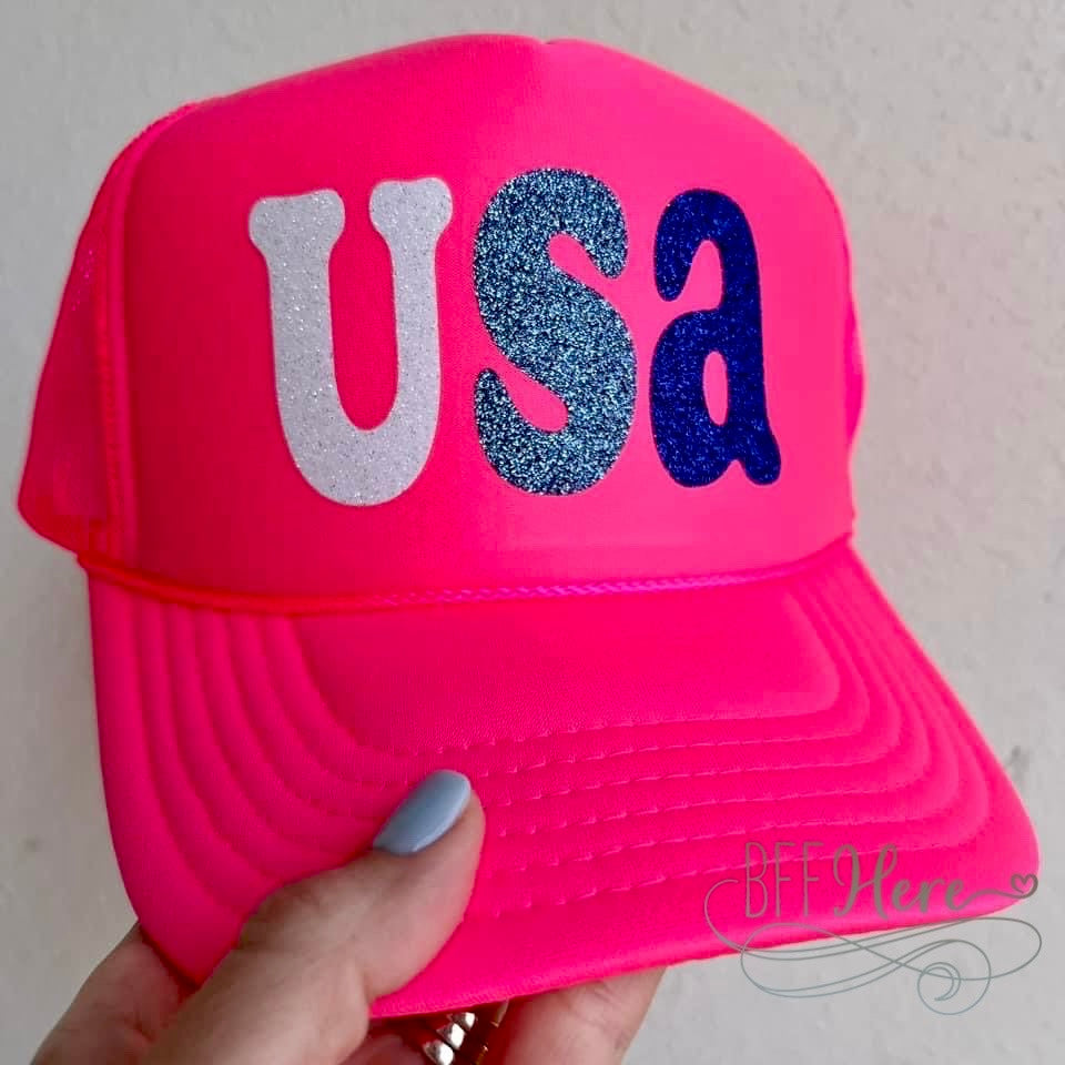 Glowing Glam - Neon Pink USA Trucker Hat! - BFF Here