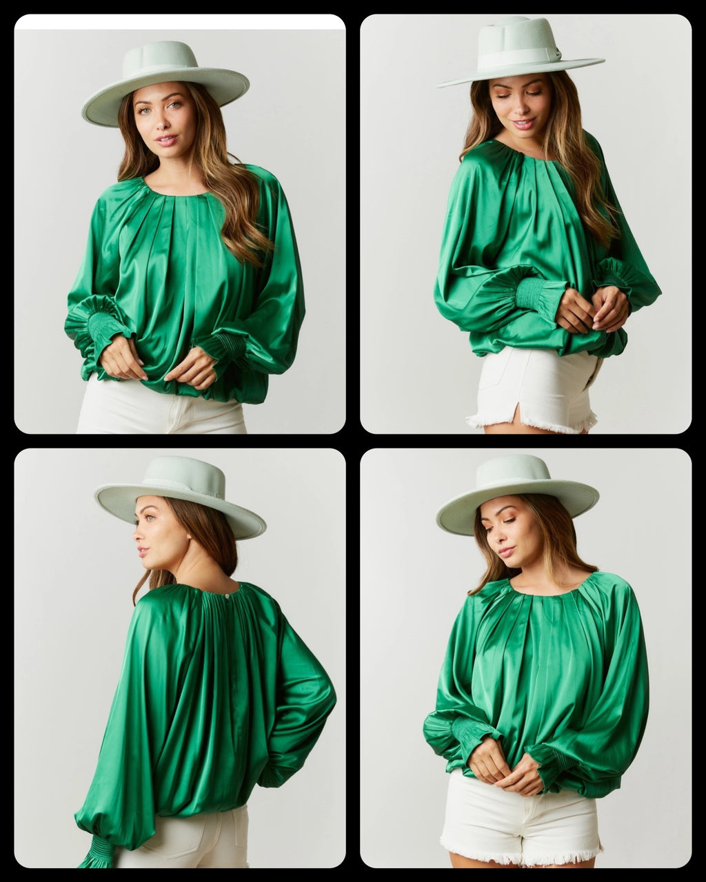 Luxe Satin Blouse Featuring Artisanal Tuck Accents — Kelly Green - BFF Here