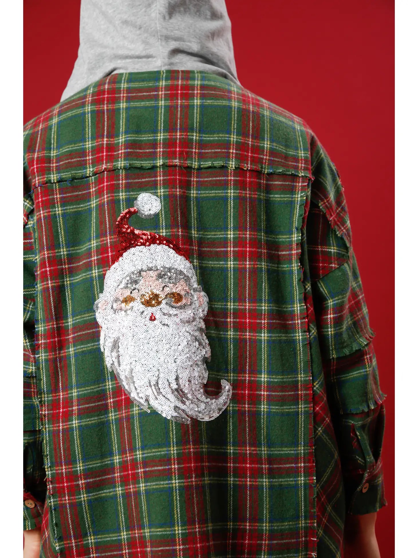 Holiday Cheer Sequin Santa Plaid Flannel Shacket - BFF Here