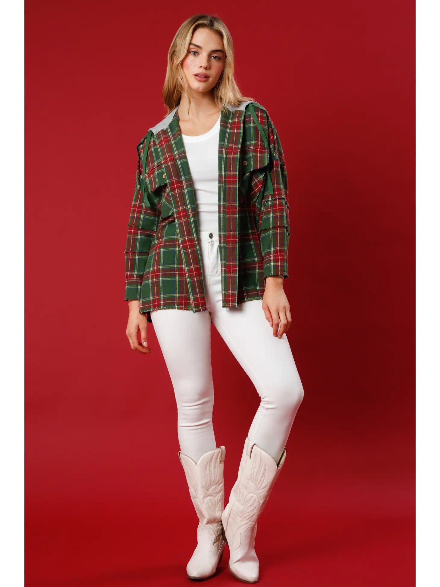 Holiday Cheer Sequin Santa Plaid Flannel Shacket - BFF Here