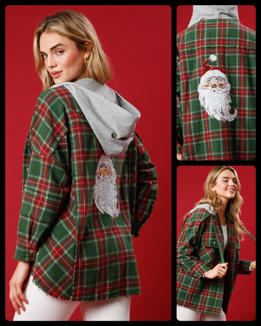 Holiday Cheer Sequin Santa Plaid Flannel Shacket - BFF Here