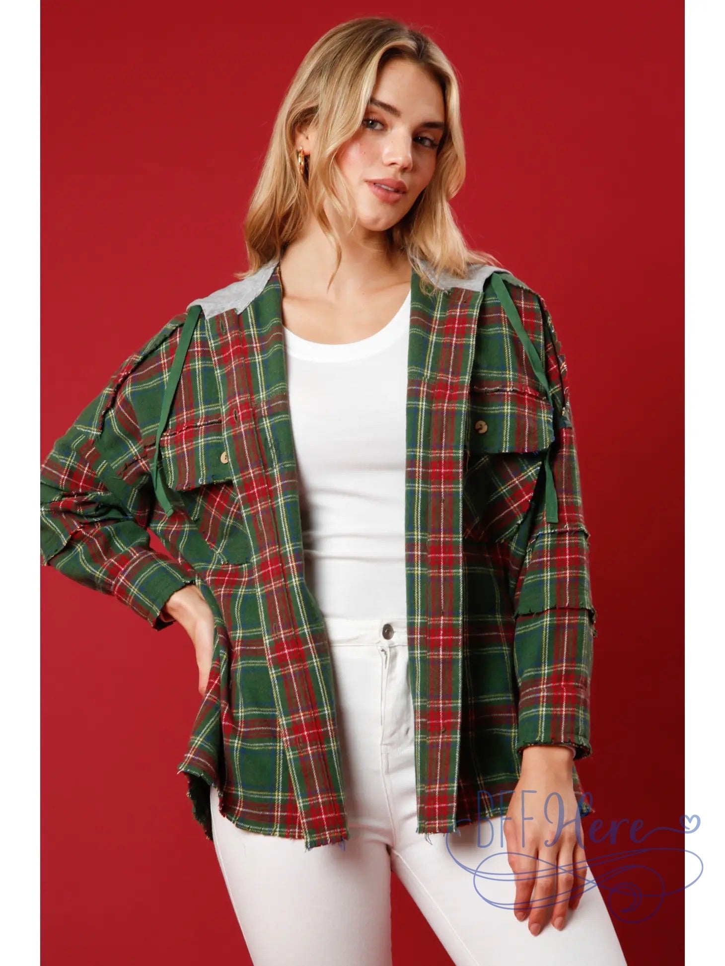 Holiday Cheer Sequin Santa Plaid Flannel Shacket - BFF Here