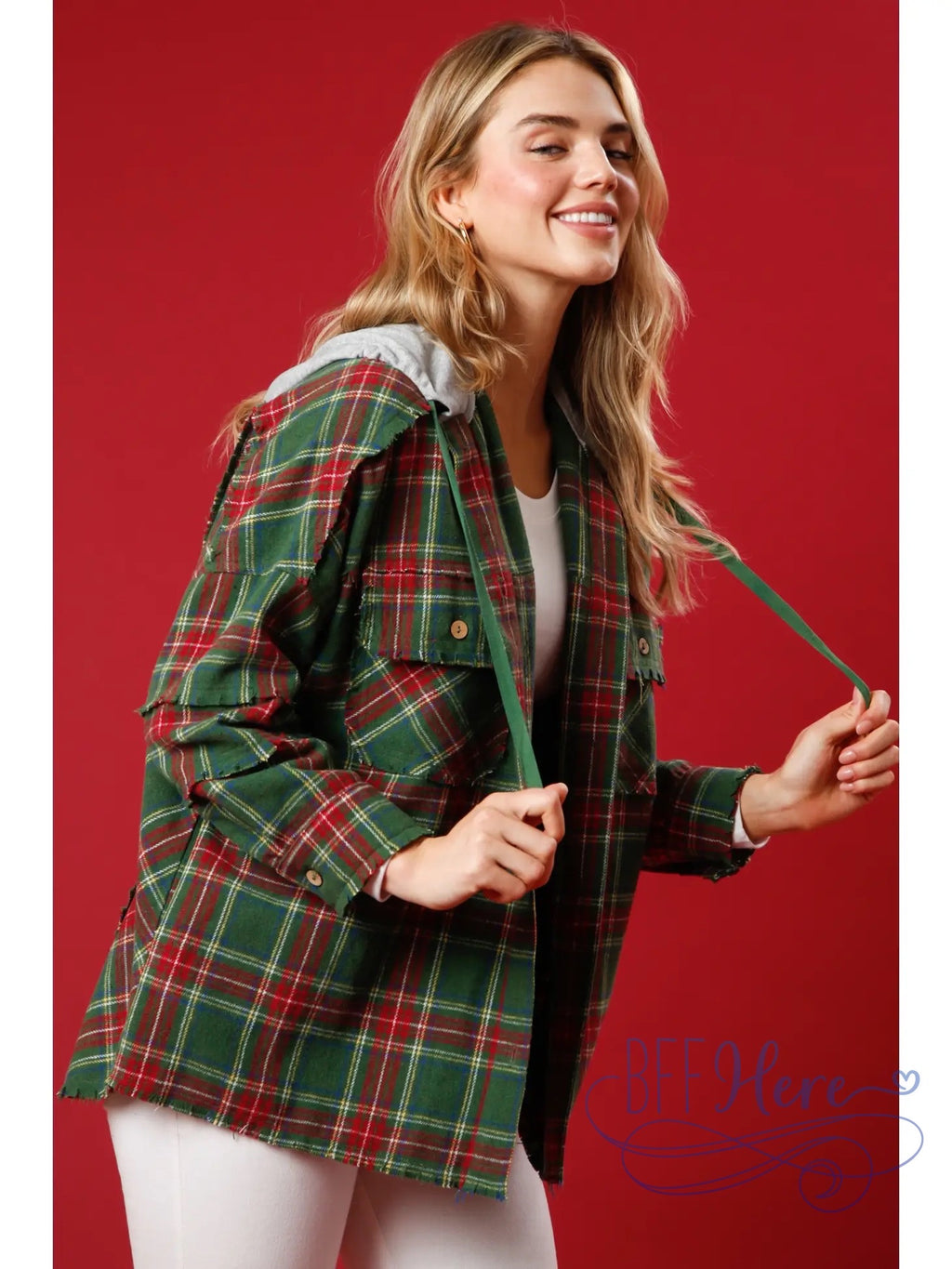 Holiday Cheer Sequin Santa Plaid Flannel Shacket - BFF Here