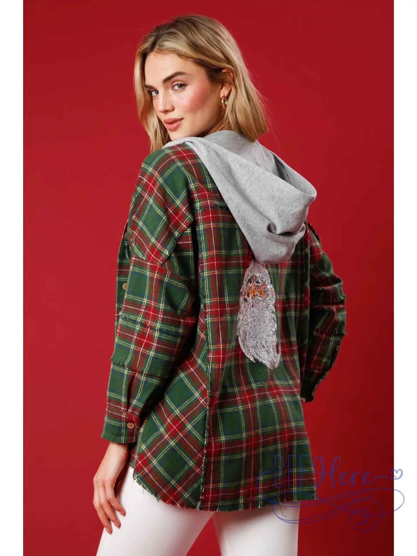 Holiday Cheer Sequin Santa Plaid Flannel Shacket - BFF Here