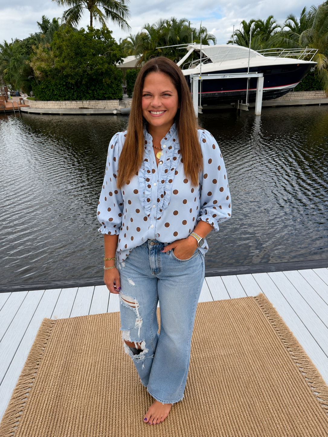 PREORDER: Dot Your Way Ruffle Top / Blue (ETA: September)