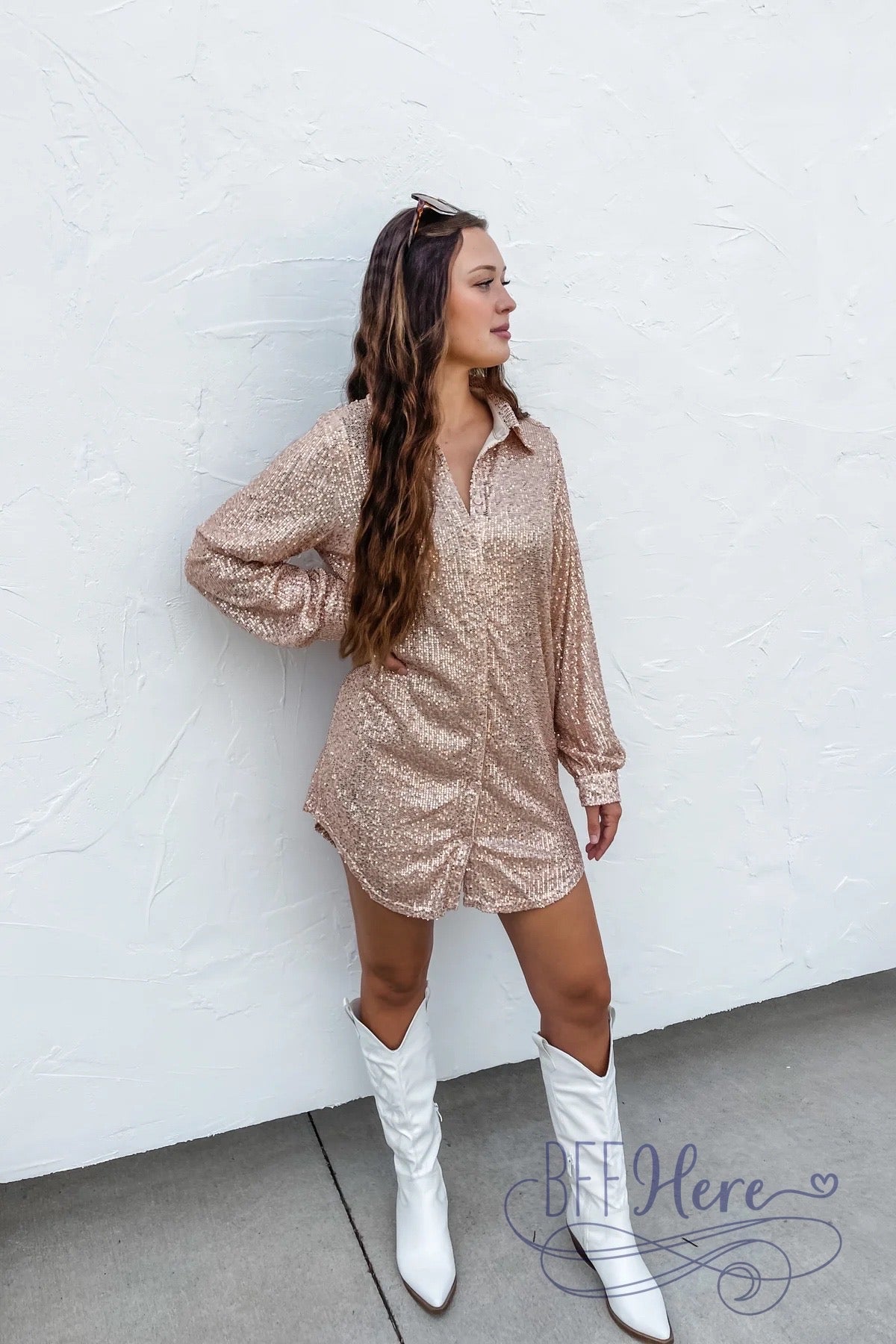 Sparkling Soirée: Champagne Sequin Shirt Dress - BFF Here