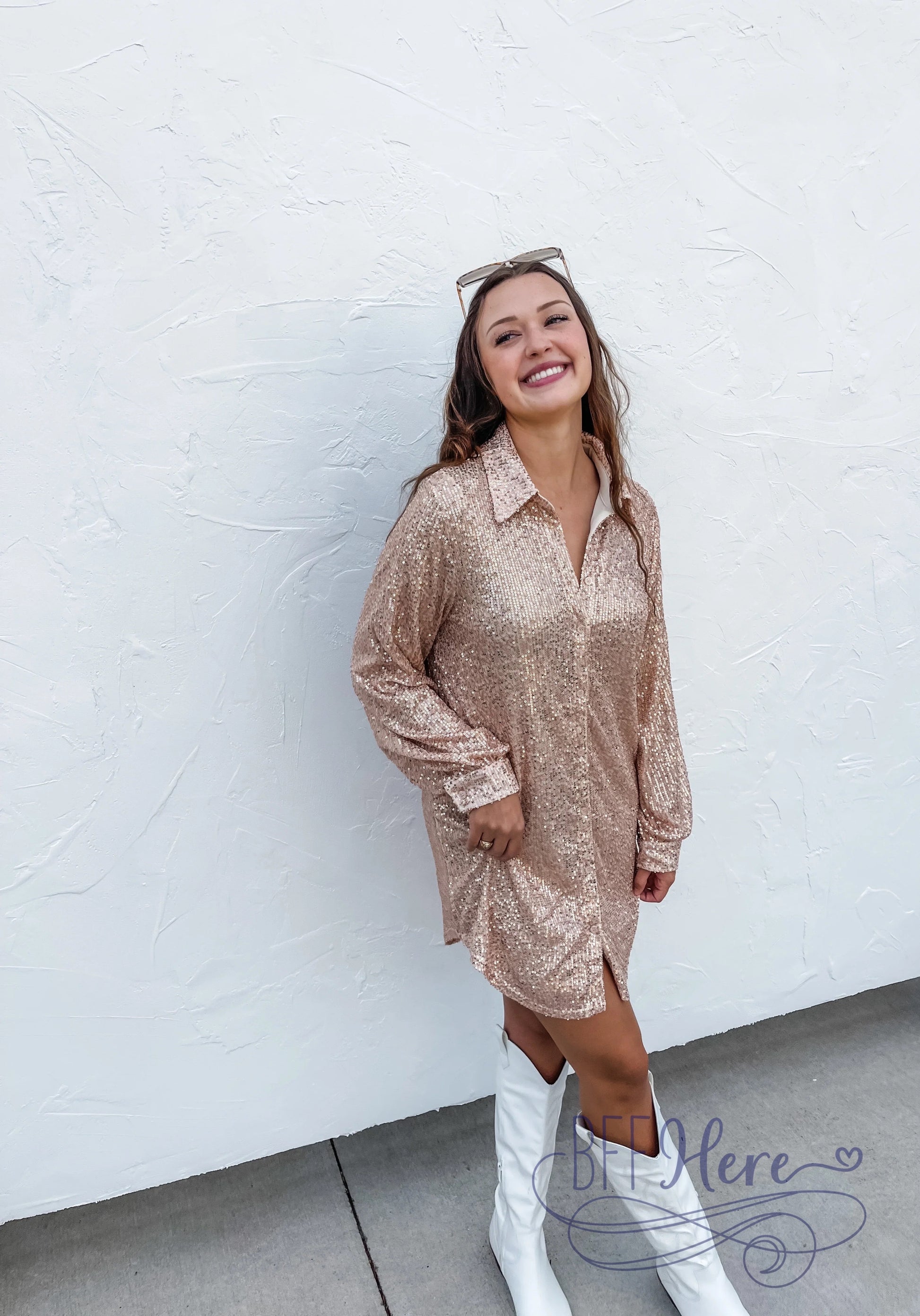 Sparkling Soirée: Champagne Sequin Shirt Dress - BFF Here