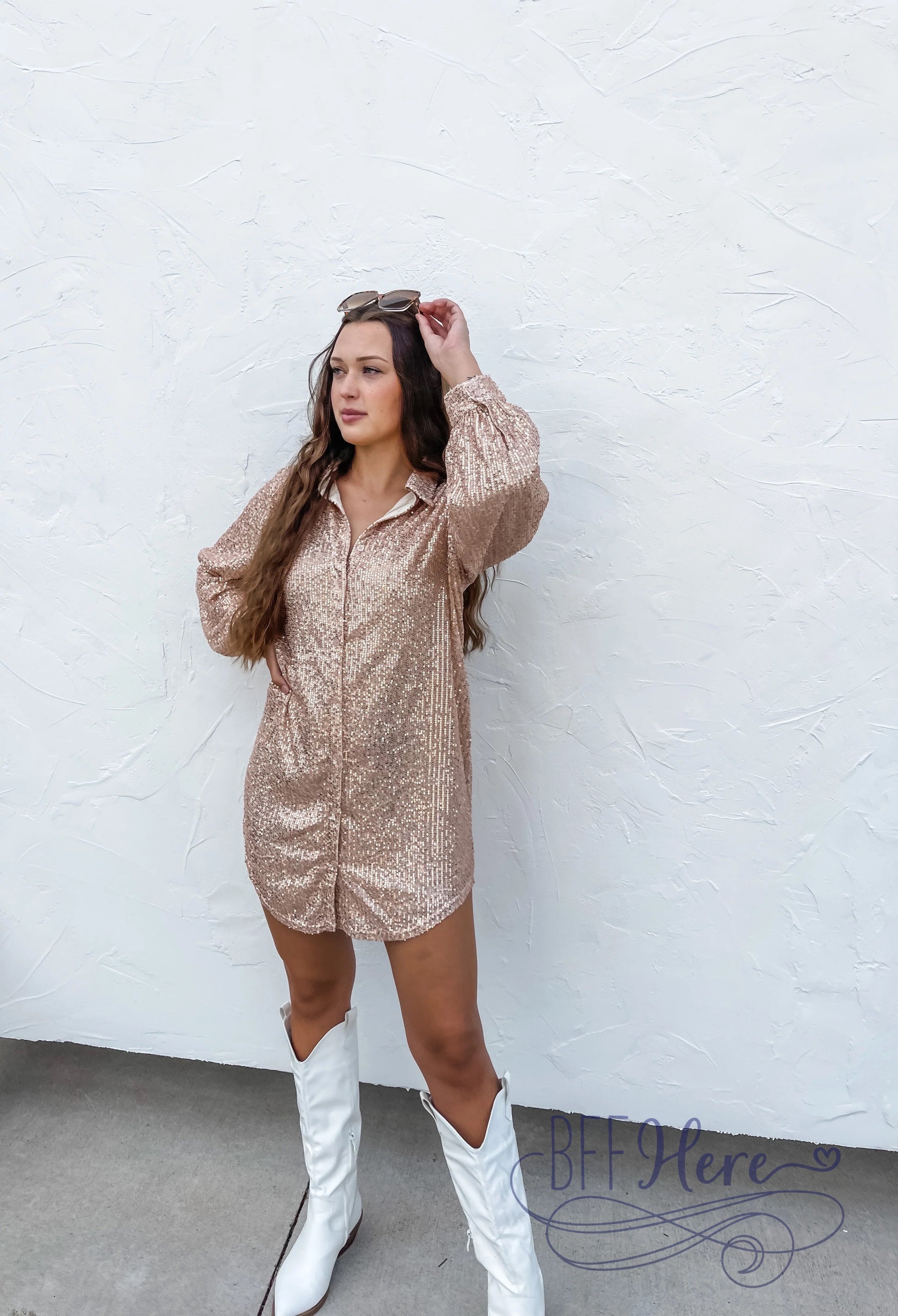 Sparkling Soirée: Champagne Sequin Shirt Dress - BFF Here