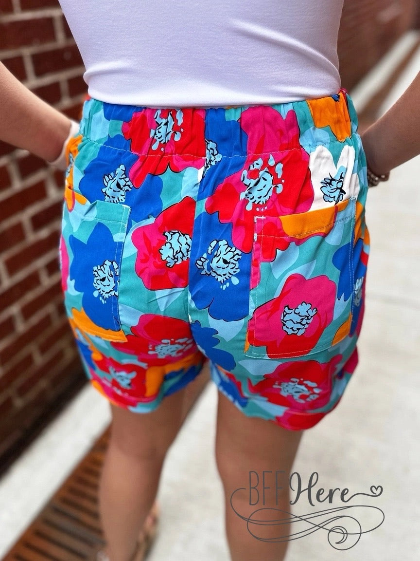 Sunset Blooms: Bold & Bright Floral Drawstring Shorts - BFF Here