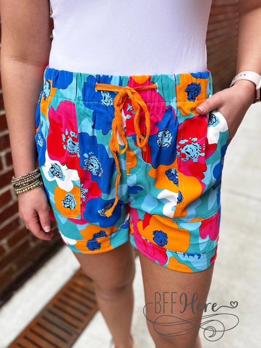 Sunset Blooms: Bold & Bright Floral Drawstring Shorts - BFF Here