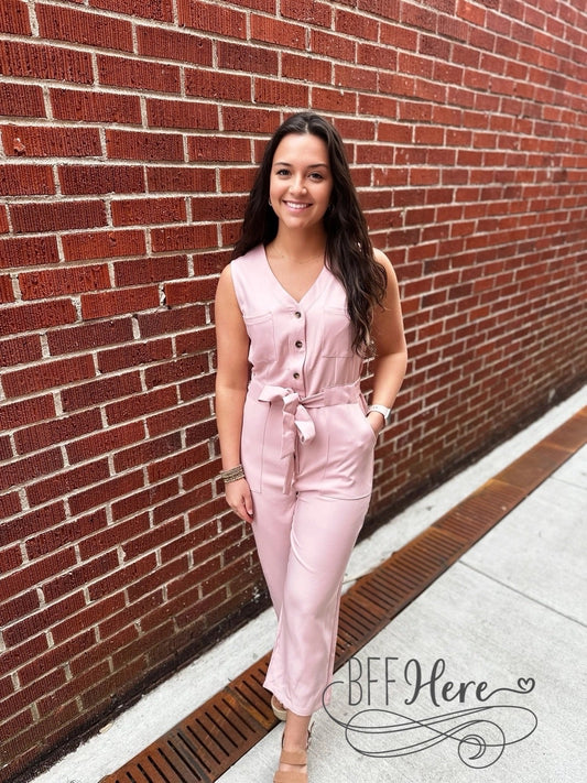 Chic in Rose: Sleek Buttoned Jumpsuit with Tie-Waist Detail - BFF Here