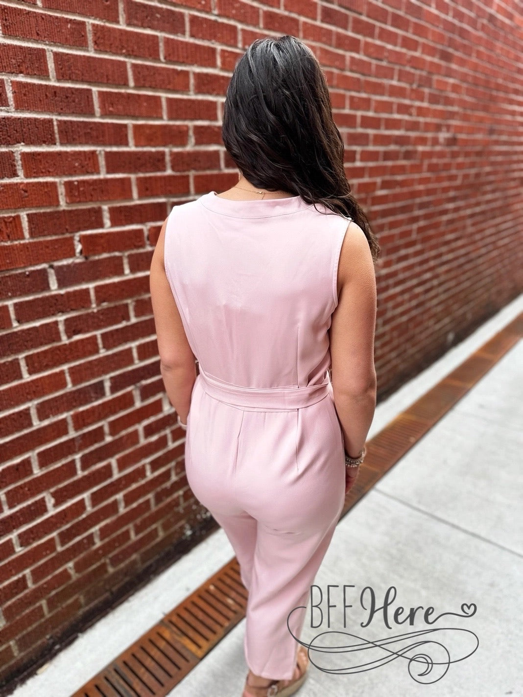 Chic in Rose: Sleek Buttoned Jumpsuit with Tie-Waist Detail - BFF Here