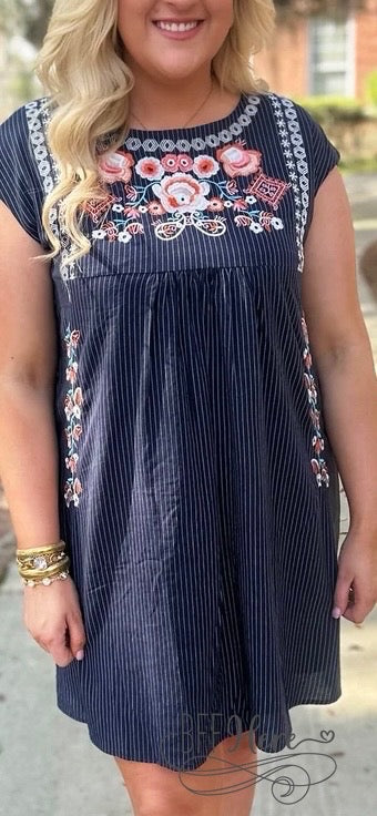 Folk Flair: Navy Sundress with a Pop of Floral Embroidery - BFF Here
