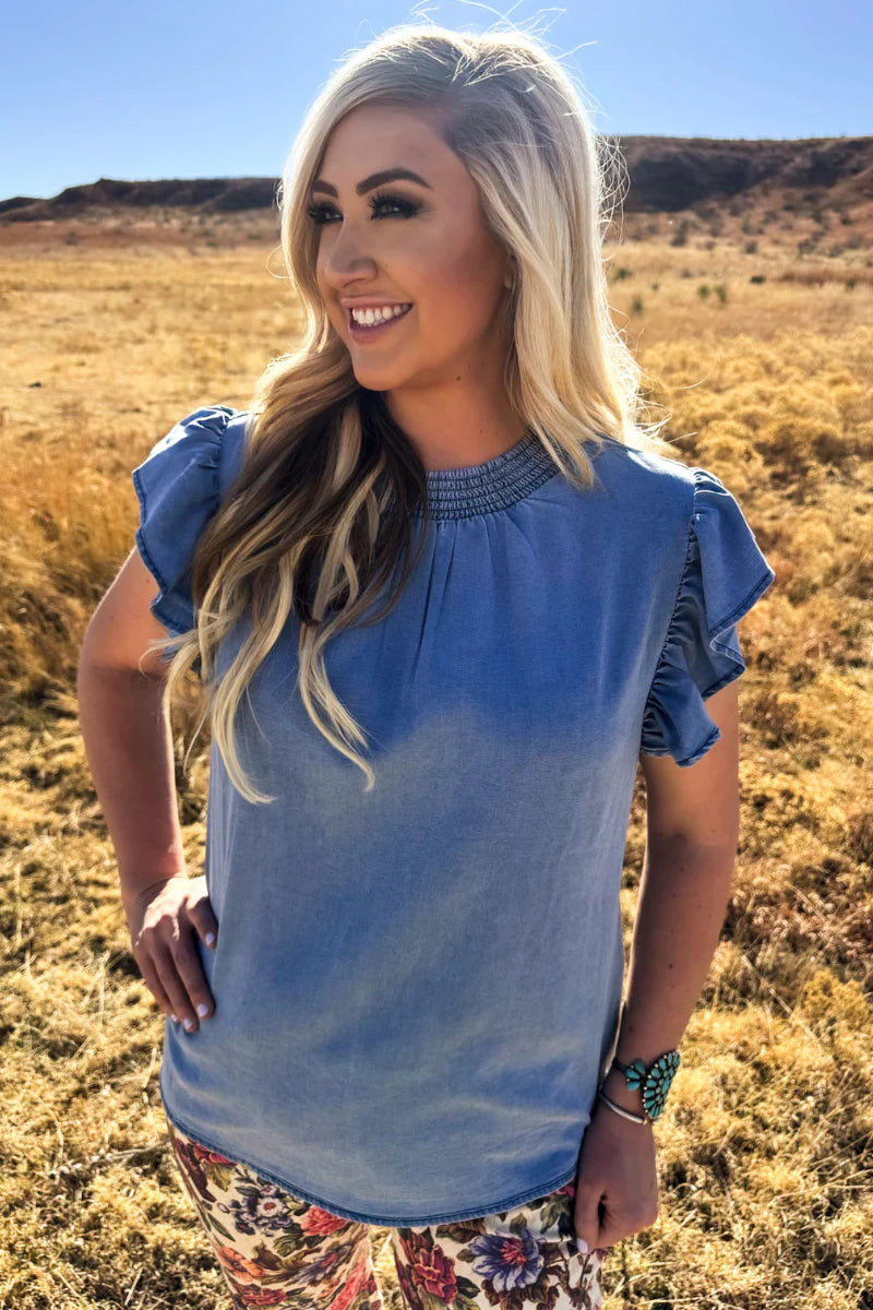 Babydoll Top Denim / Light Wash by Sterling Kreek - BFF Here