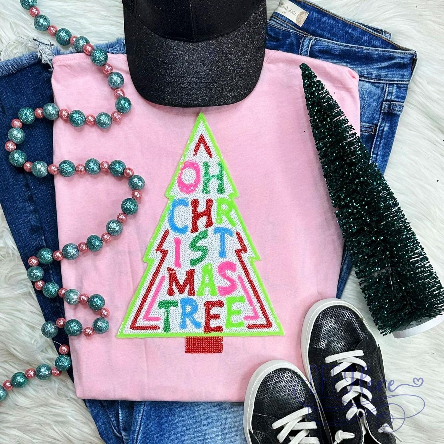 PREORDER: Glimmering Grove: 'Oh Christmas Tree' Sequin Patch Tee / Choice of Color (Ships Middle of November) - BFF Here