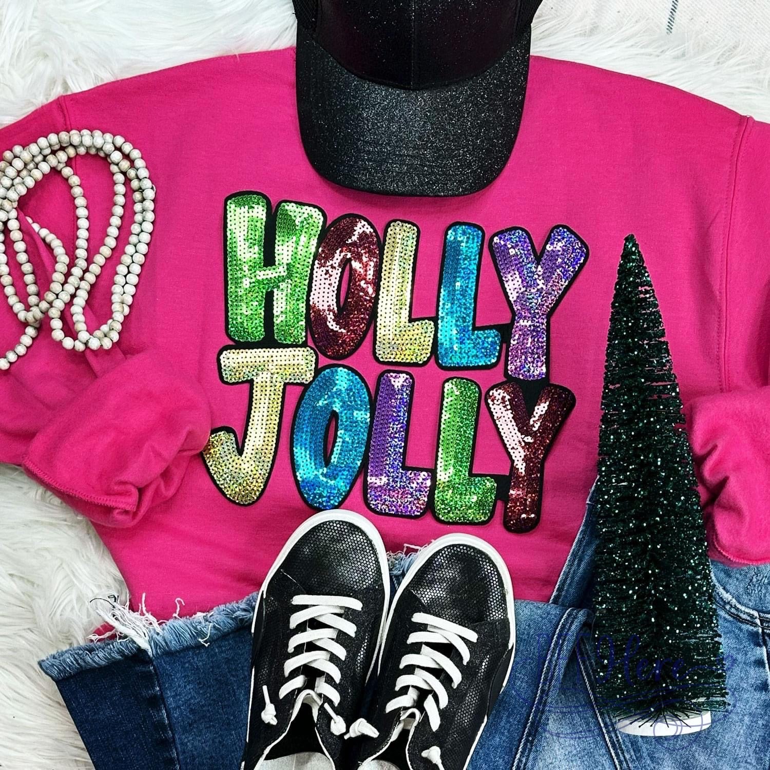 (PREORDER) Yuletide Glitz: Holly Jolly Sequin Sweatshirt (Ships Beginning of November) - BFF Here